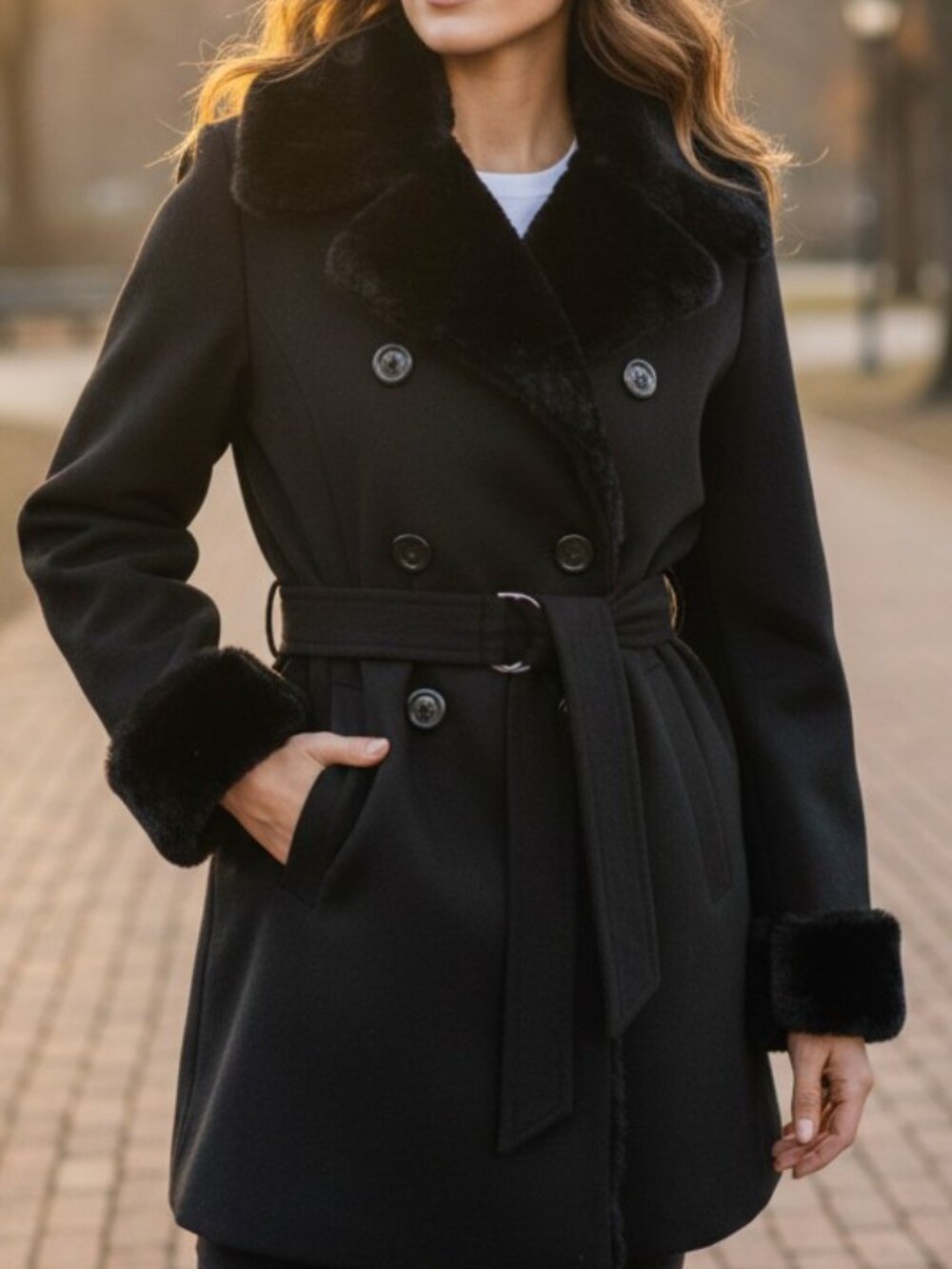 Charles Klein Dark Grey Wool with Black Faux Fur Belted Pea Coat  * Size 12